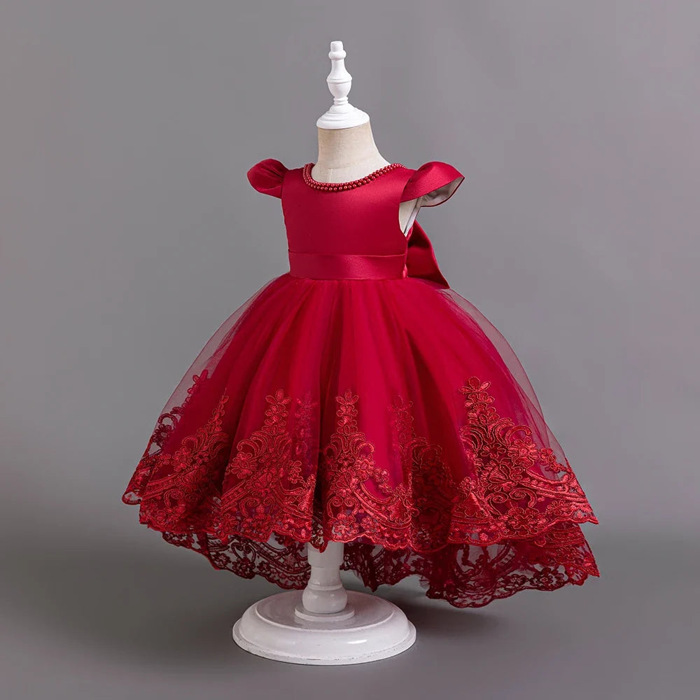 Girls Flower Embroidery Party Dresses Kids Summer Formal Holiday Birthday Gown Kids Trailing Evening Princess Clothes 1-6