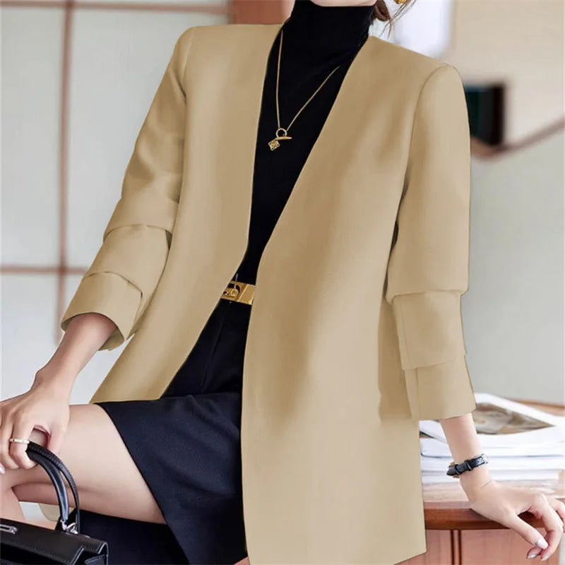 Fashionable Versatile Spring Autumn Women's Blazer Jacket Korean Style Street Style Long Sleeve Suit Coat Pure Color Commute...