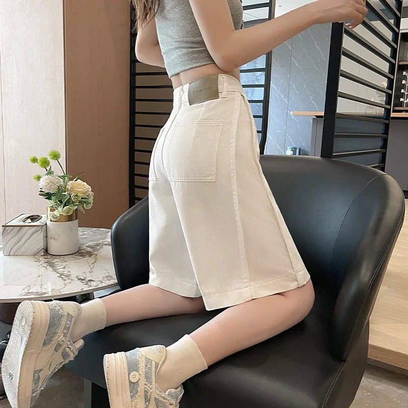 Women's 2026 Summer White Five-Point Denim Shorts Korean Y2K High Waist Loose Slimming Stretch Straight Leg Jeans