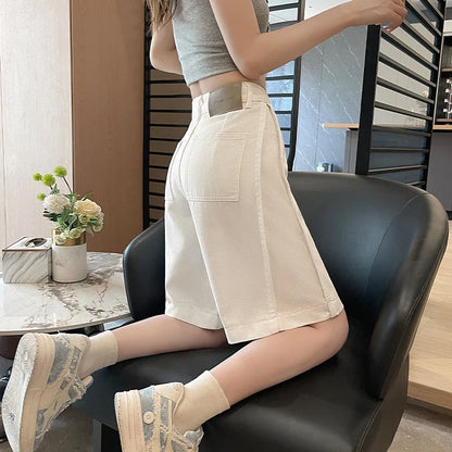 Women's 2026 Summer White Five-Point Denim Shorts Korean Y2K High Waist Loose Slimming Stretch Straight Leg Jeans