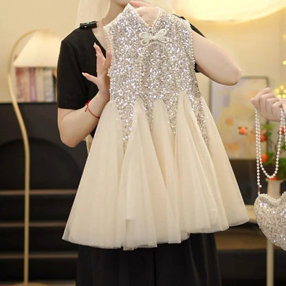 Mesh Sequins Summer Dress Children Clothes Girls Gauze Skirt For Party Evening Birthday Prom Performance Graduation Ceremony