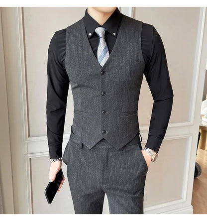 ( Blazer + Vest + Pants ) High-end Formal Casual Business Striped Fashion Men's 3 Piece Suit Groom Wedding Dress Suit