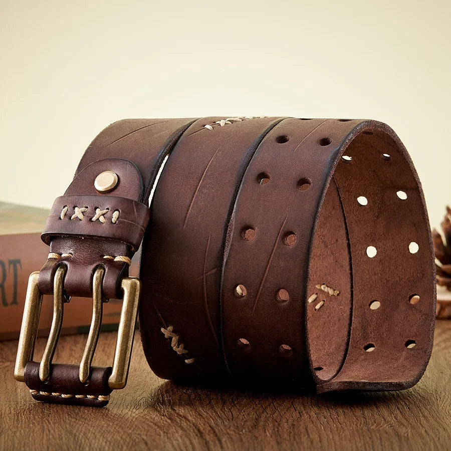 3.8CM Real Genuine Leather Belt Luxury Designer Brass Double Pin Buckle Belts Pure Cowskin Vintage Strap Male Jeans Belt for Men