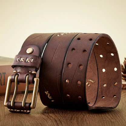 3.8CM Real Genuine Leather Belt Luxury Designer Brass Double Pin Buckle Belts Pure Cowskin Vintage Strap Male Jeans Belt for Men