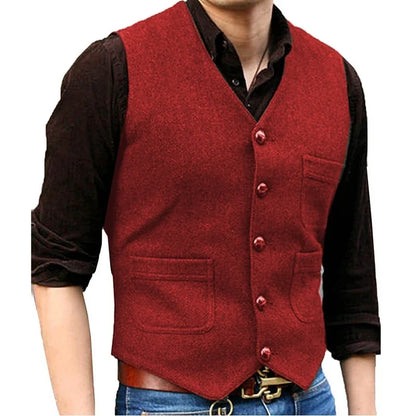Men Vest Dark Green Herringbone Single Button V Neck With Pocket Waistcoat For Wedding Banquet Business Casual Work Men Suit