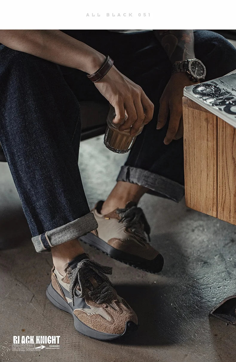 Spring Vintage Thick-soled Patchwork Black Sneakers Casual Breathable Jogging Shoes Low-top Lace-up Sporty Summer Shoes