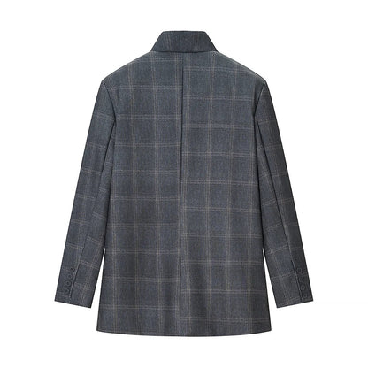 Women Fashion Plaid Blazer Coat Stand Collar Long Sleeve Jacket 2026 Spring Trend Casual Office Lady Chic Outerwear