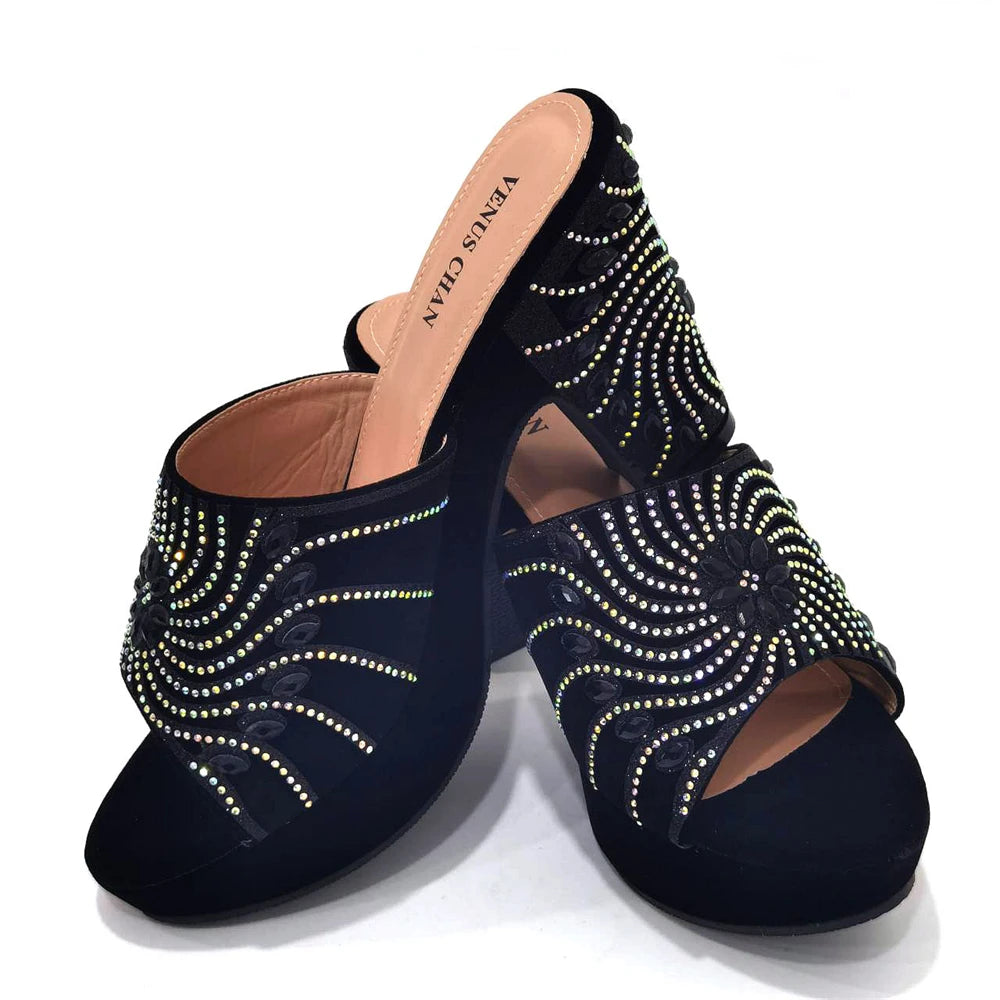 2023 The Latest Italian Design Rotary Rhine-Diamond Floral Thick Heel Platform Women's Comfortable Shoes Bag and Shoe Set