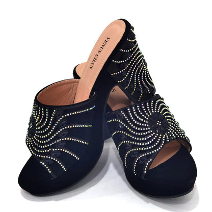 2023 The Latest Italian Design Rotary Rhine-Diamond Floral Thick Heel Platform Women's Comfortable Shoes Bag and Shoe Set