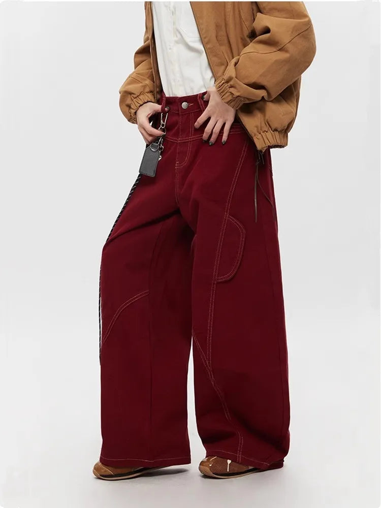2025 Cyber Y2K Fashion Red Patchwork Baggy Cargo Jeans Pants For Men Designer Clothes Wide Leg Women Denim Trousers Ropa Hombre