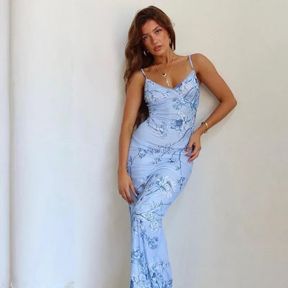 Floral Print Summer Green Dress Womens Fashion Casual Sleeveless V-neck Backless Tunics Bodycon Holiday Beach Dresses Streetwear