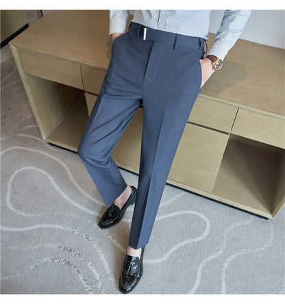 High Quality Hidden Elastic Waistband Metal Decorative Design Casual Pants Fashion Striped Slim Fit Office Social Men's Trousers