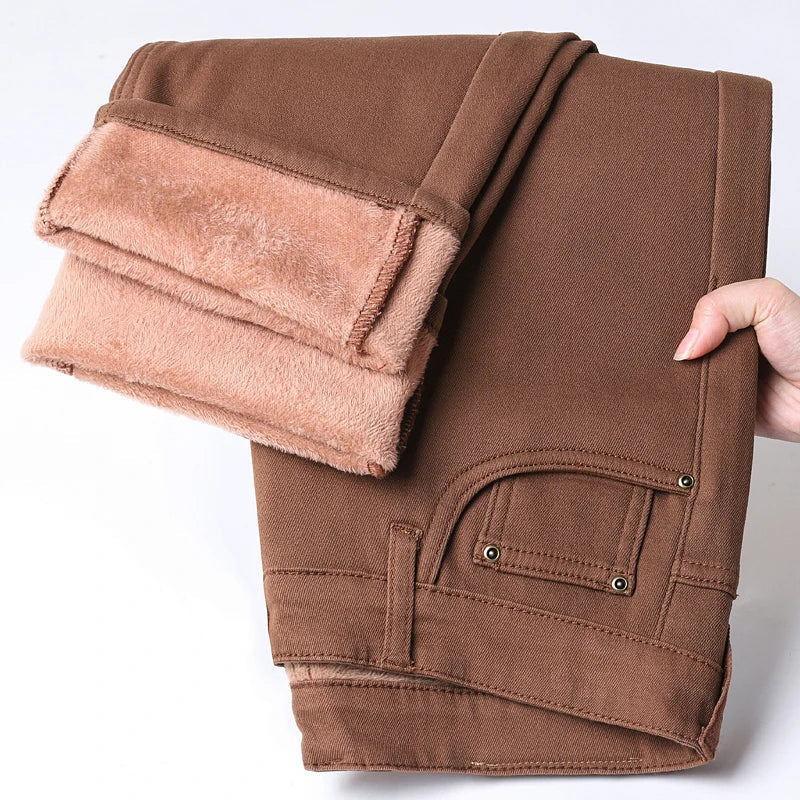 Winter New Cotton Fleece Jeans Men's Fit Straight Warm Plus Velvet Denim Pants Fashion Warm Soft Elasticity Casual Trousers