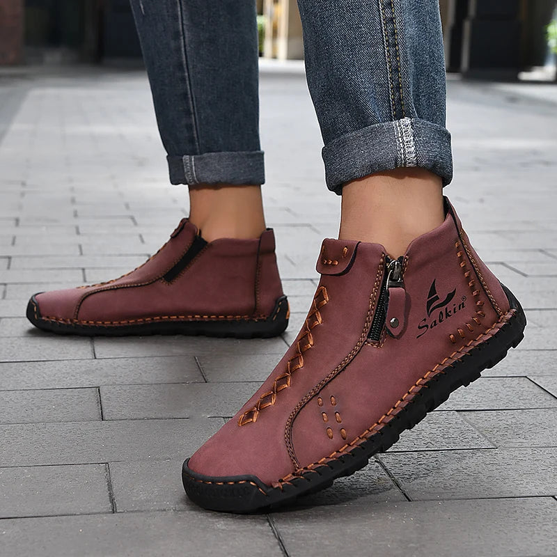 New Winter 2024 Handmade Leather Men Boots Zipper Design Sneakers Man Breathable Casual Leather Shoes Men Ankle Boots Outdoor