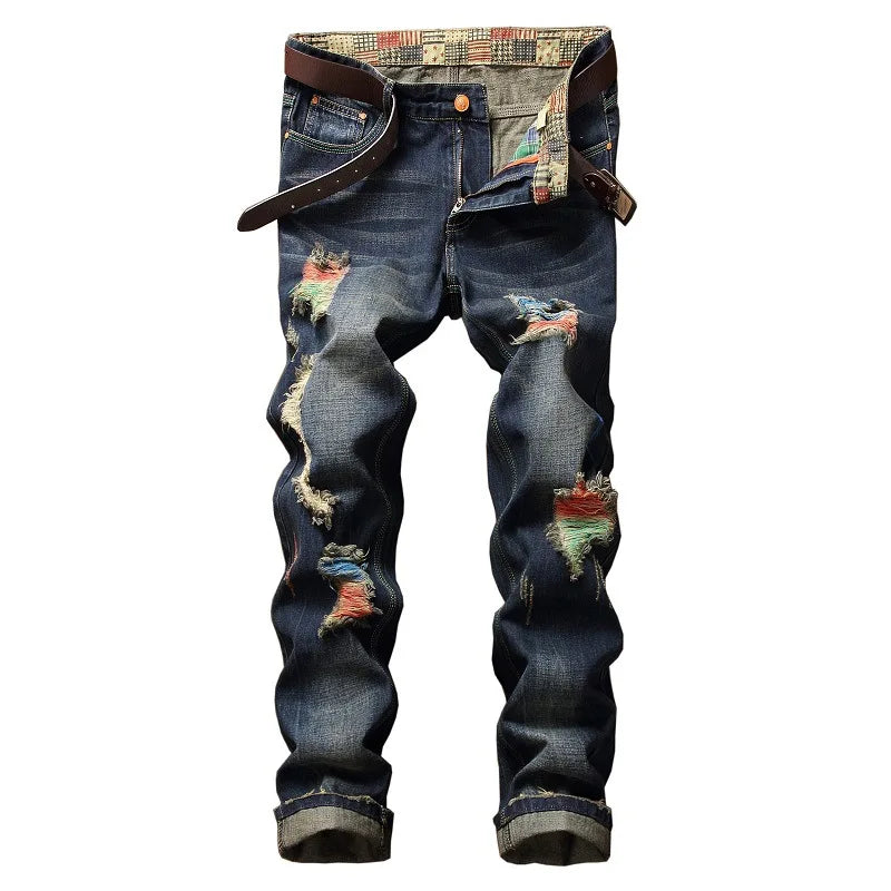 2026 New Men's Yellow Jeans, Blue Stretch Biker Trousers, Broken Hole Jeans, Fashion Popular Men Denim Pants Big Size 29-42
