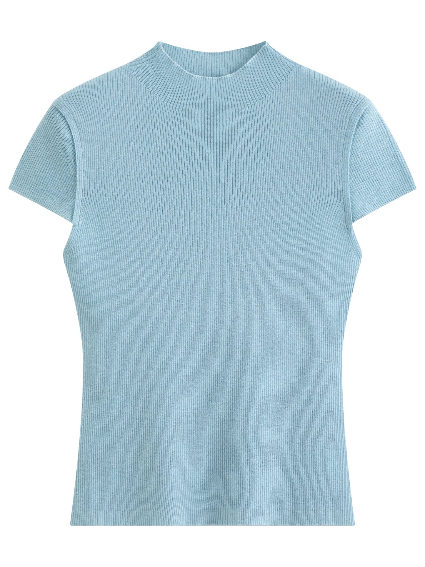 2026 Spring Women's Semi-High Neck Solid Wool Knit Sweater - Slim Fit Short Sleeve Simple Top for Casual Office Wear