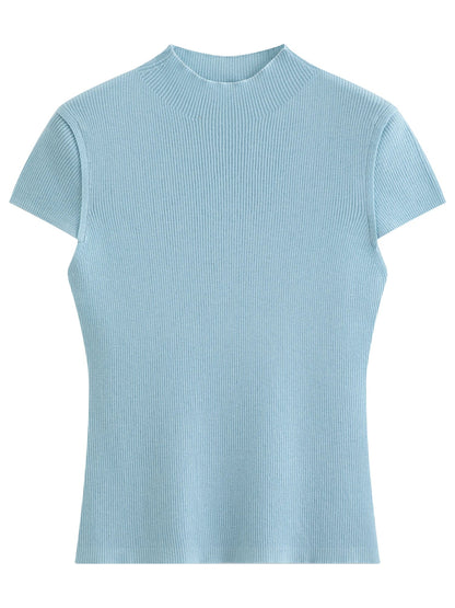 2026 Spring Women's Semi-High Neck Solid Wool Knit Sweater - Slim Fit Short Sleeve Simple Top for Casual Office Wear