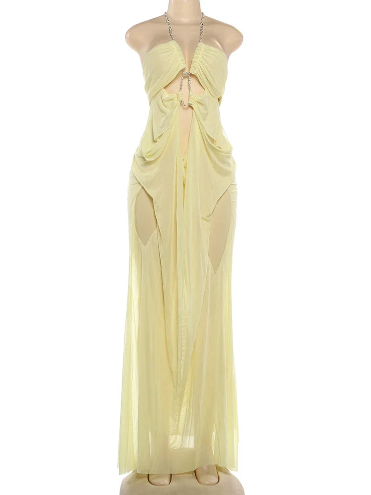 Prom Party Gown Dress Woman Sexy See Through Luxury Chain Halter Low-Neck Backless Sleeveless Midnight Elegant Vestidos