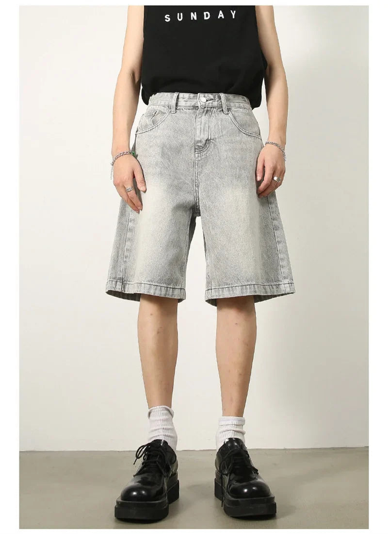 Summer Retro Washed Distressed Baggy Jorts Men's High Street Fashion Straight Jeans Shorts Y2K Casual Blue Denim Short Pants