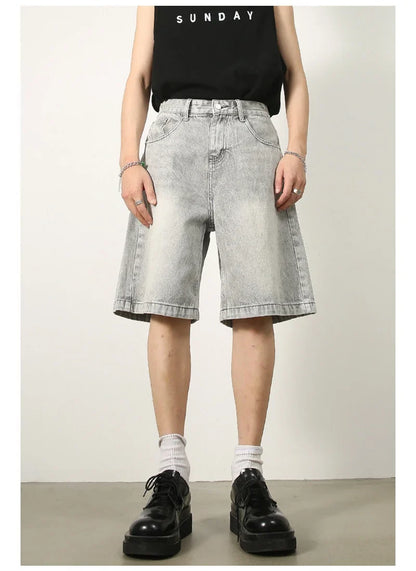 Summer Retro Washed Distressed Baggy Jorts Men's High Street Fashion Straight Jeans Shorts Y2K Casual Blue Denim Short Pants