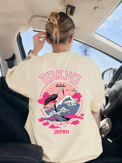 Tokyo Japan Crane Waves Prints Women T-Shirt Trendy Crewneck Tee Shirts Hip Hop Summer Clothes Y2K Woman Soft Short Sleeve
