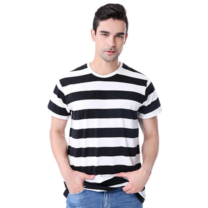 Black White Striped T-Shirt Men Basic Crewneck Short Sleeve Casual Daily Tops Halloween Costume Theme Party Tee Clothes