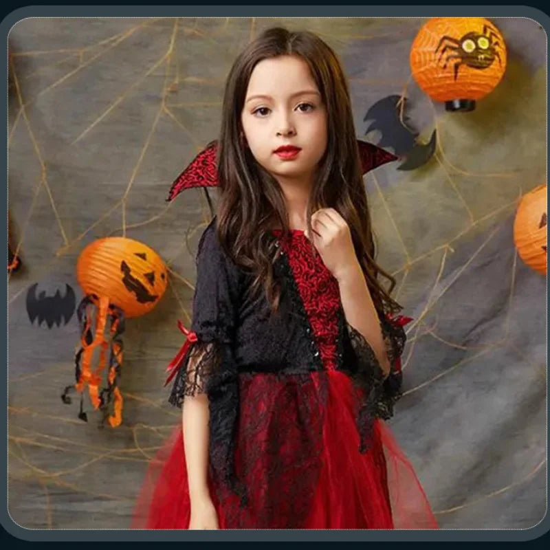 Halloween Girl Cosplay Vampire Dress For Kids Ghost Bride Vampire Costume Vampiran Carnival Party Outfits Scarlet Gothic Clothes
