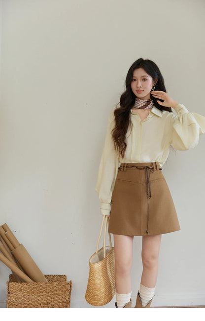 Women's Lapel Lantern Sleeve Shirts 2026 Spring Lace Trim Casual Loose Breathable Solid Shirt Office Lady MXF13C2436