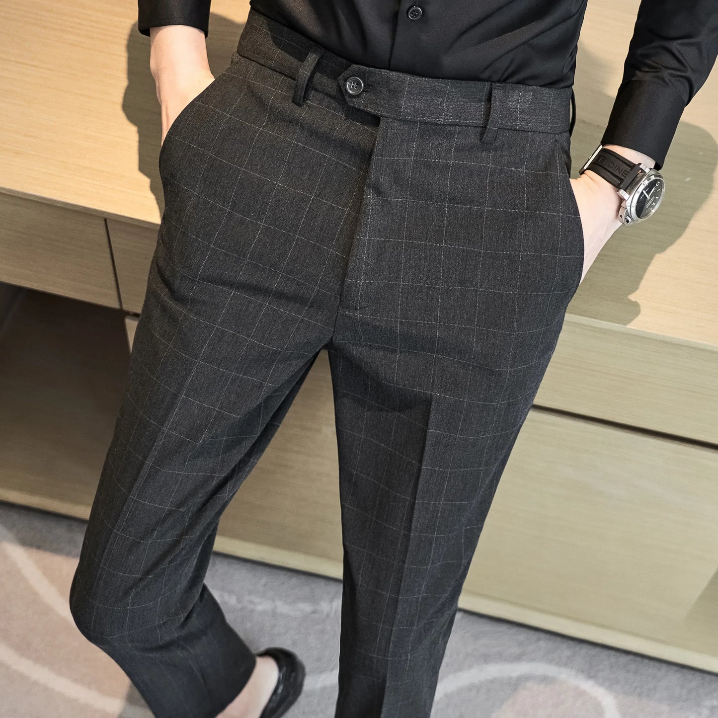 2026 High Quality Men's Plaid Striped Suit Pants Fashion Business Slim Fit Casual Straight Pants Formal Wedding Party Trousers