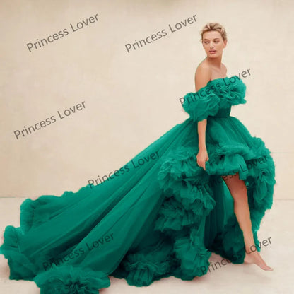 Women Prom Dresses Tulle High Low Vestido de Novia Robes Off the Shoulder Evening Dress Ruffled Fluffy Party Gowns Customized