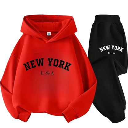Children Hoodie Set Autumn Winter New York USA Letter Graphic Sweatshirt Pant Suit Baby Boy Girl Kid Sport Two Pieces Tracksuit