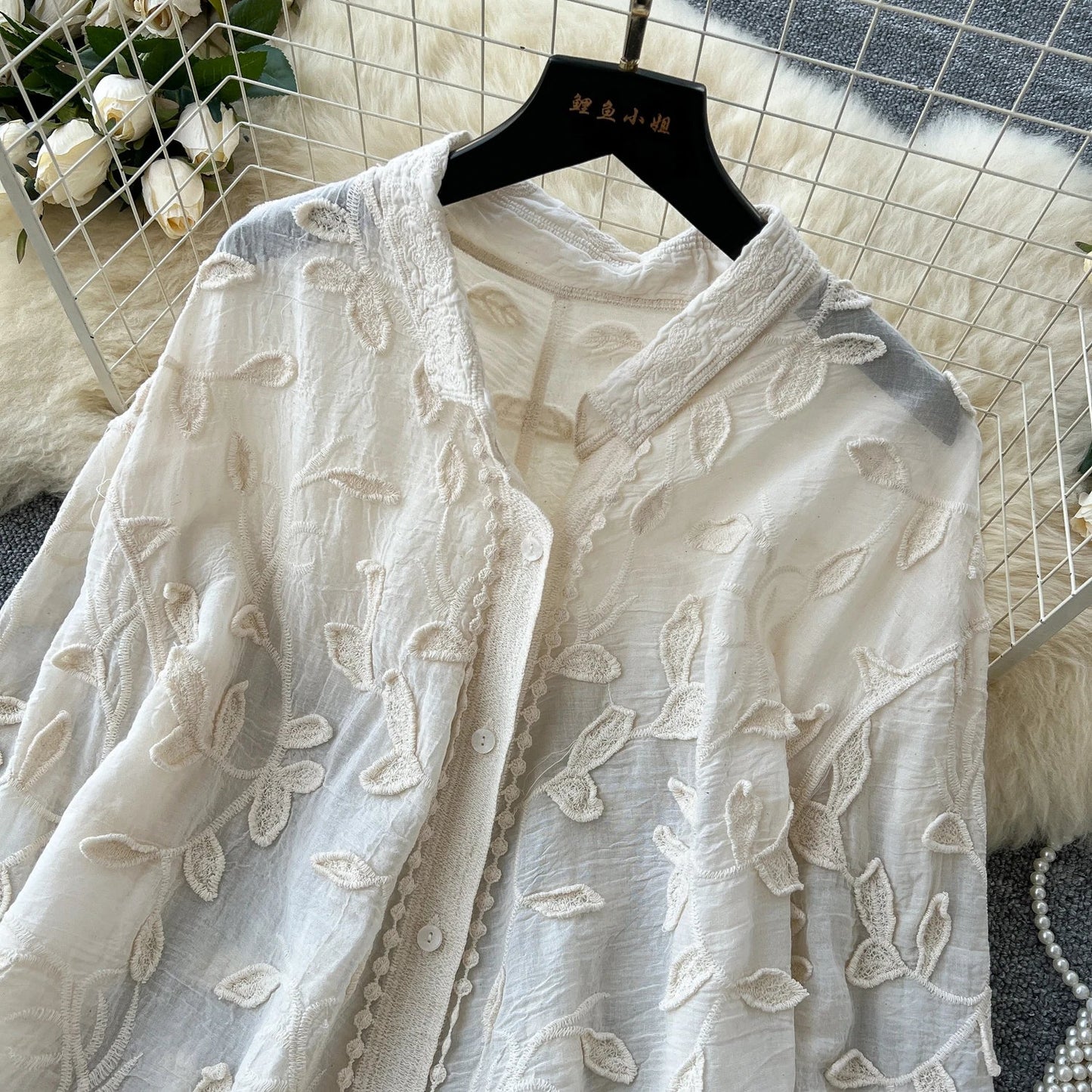 2025 Spring Gentle Women Blouse Leaves Embroidery Single Breasted Long Sleeves Summer Thin Streetwear Casual Shirt