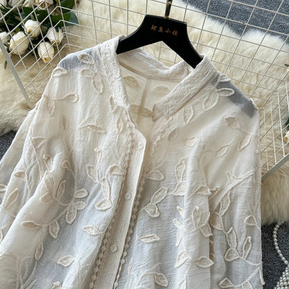 2025 Spring Gentle Women Blouse Leaves Embroidery Single Breasted Long Sleeves Summer Thin Streetwear Casual Shirt