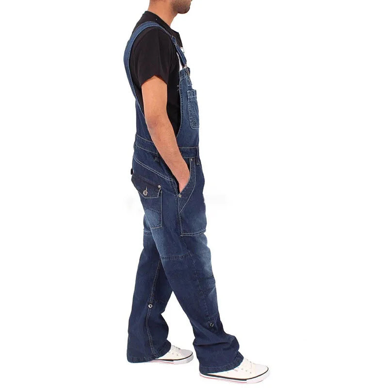 Multi Pocket Denim Overalls Suspenders Baggy Jeans Men'S Street Casual Work Pants Jumpsuits