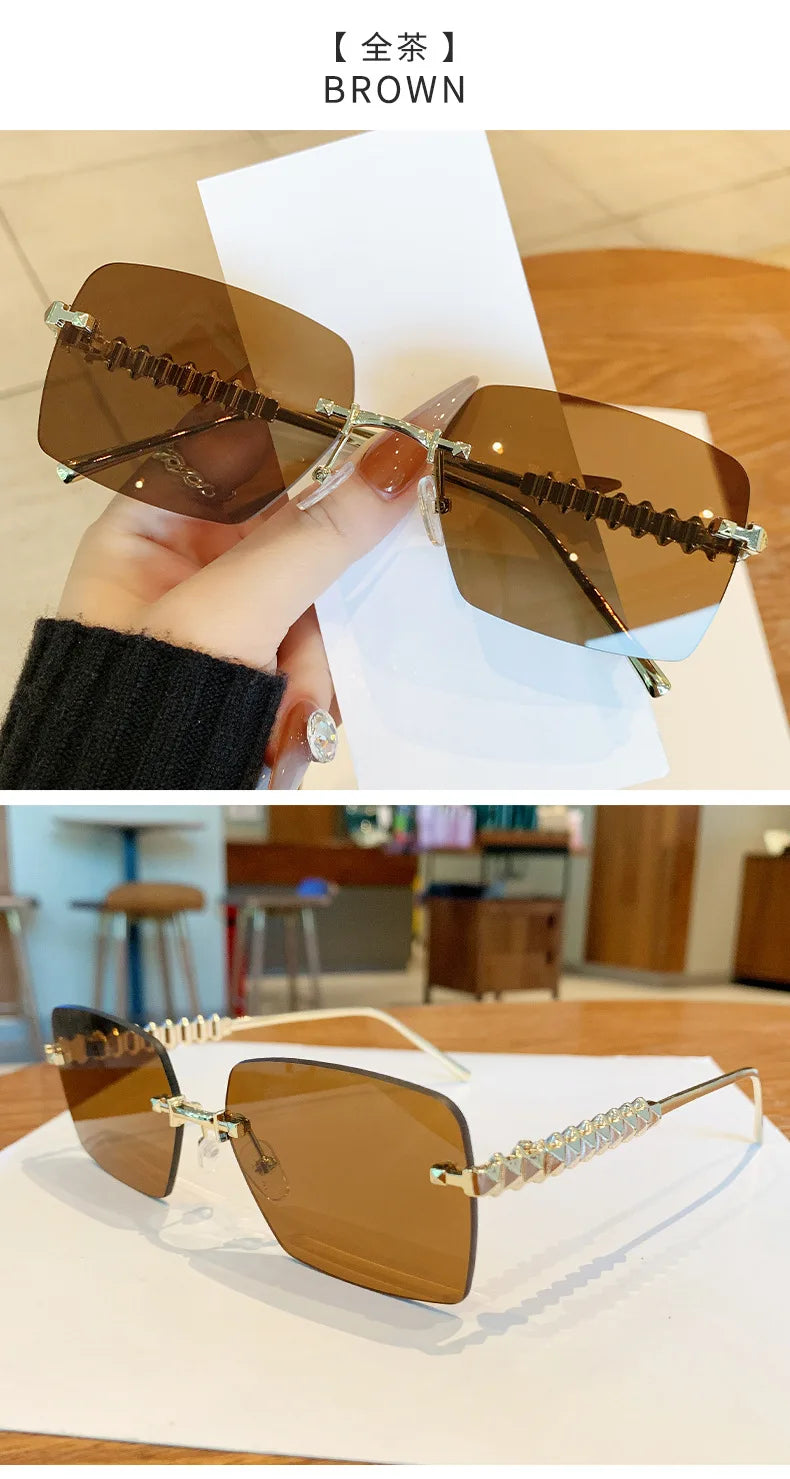 2025 Ins New Square Rimless Sunglasses Women Men Fashion Metal Rivet Legs Sun Glasses Ladies Luxury Sunshade Gafas De Sol UV400