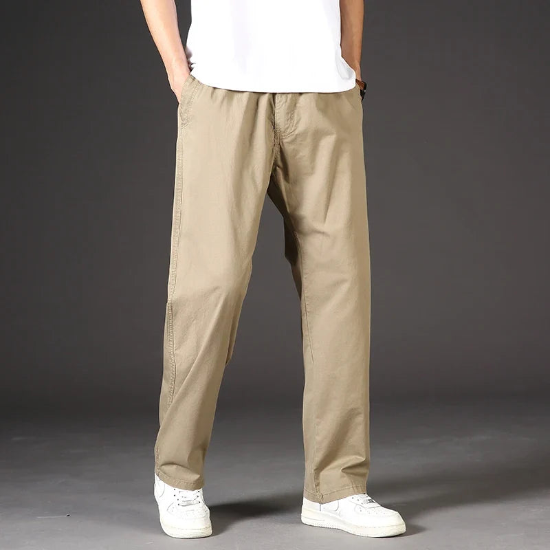 Men's 100% Cotton Cargo Pants Multi-pocket Elastic Waist Pants Big and Tall Mens Trousers Loose Fit Gym Sports Men's Pants