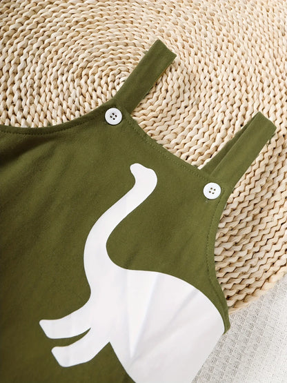 Spring and Summer Dinosaur Short Sleeve Shirt with Overalls 2-Piece Set