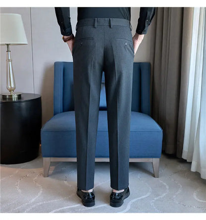 High Quality Hidden Elastic Waistband Metal Decorative Design Casual Pants Fashion Striped Slim Fit Office Social Men's Trousers