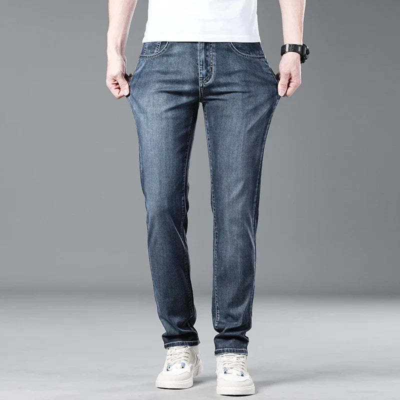 Soft Slim Men's Jeans Summer Thin Straight Business Casual Trousers Fashion Korean Comfortable Cool Brand Man Pants