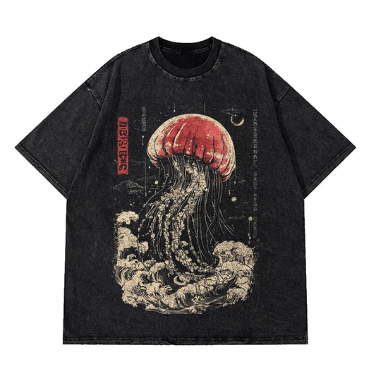 Oversize Vintage Man Cotton T-Shirts Swimming Colorful Jellyfish Print Mens Short Sleeve Japanese Harajuku O-Neck Tops All-math