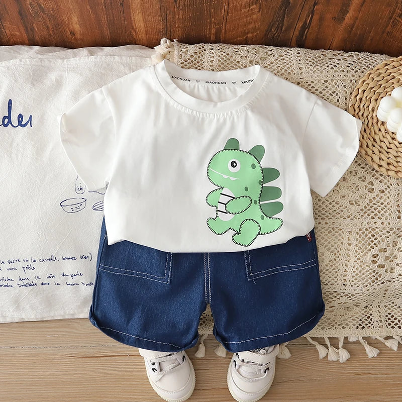 0-5 Years Old Toddler Baby Boys Dinosaur Print T-Shirt & Denim Shorts 2Pcs Casual Outfit Summer Kids Clothing Set