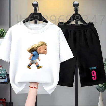 Children Black Tees Set Suitable Girls Boy Tshirt+Shorts 2pcs Kids Football Athletrint Short Sleeve White Summer Outfit