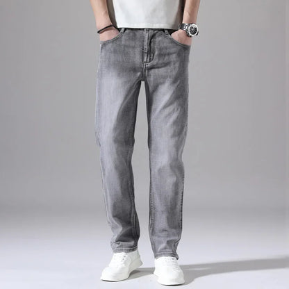 Cotton Stretch Jeans Business Casual Men's Thin Denim Jeans Grey Spring Summer Brand New Fit Straight Lightweight