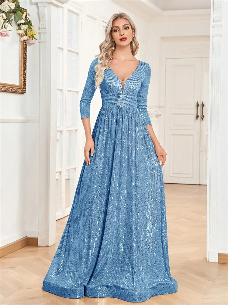 Luxury V Neck Long Sleeves Blue Sequins Formal Evening Dress Women 2025 Wedding Party Prom Maxi Cocktail Dress Gowns