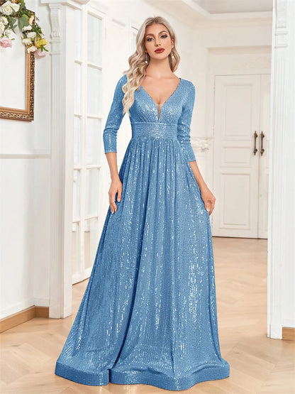 Luxury V Neck Long Sleeves Blue Sequins Formal Evening Dress Women 2025 Wedding Party Prom Maxi Cocktail Dress Gowns