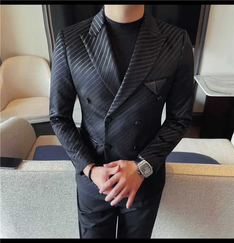 British Style Luxury Men Double Breasted Twill Suit Jacket High Quality Fashion Business Slim Fit Groom Social Party Suit Dress