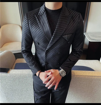 British Style Luxury Men Double Breasted Twill Suit Jacket High Quality Fashion Business Slim Fit Groom Social Party Suit Dress