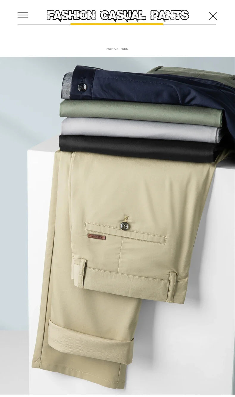 Spring Summer New Men's Casual Pants Thin Mulberry Silk Soft Business Casual Trousers Slim Straight Elastic Suit Pants Male