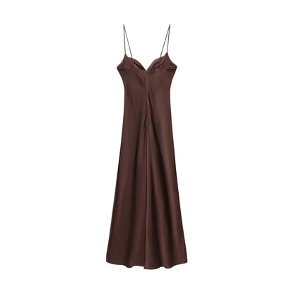 2025 Women Red V-Neck Holiday Style Satin Texture Long Dress Sleeveless Summer Women's Back Zipper Fashion Sling Dresses