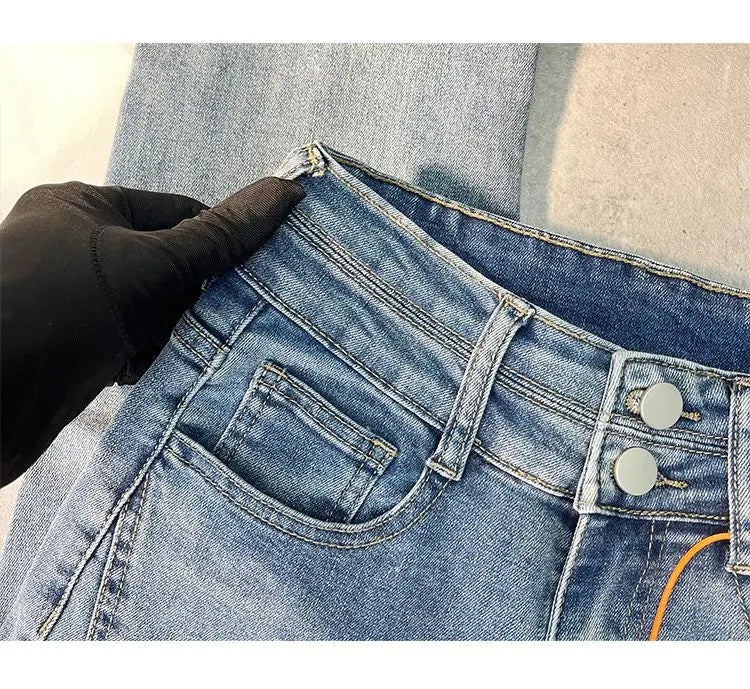 Women Autumn Y2K Slim Flared Denim Trouser Raw Edge Vintage Sexy Minimalist Pant Grunge High Waist Solid High Street Retro Jeans